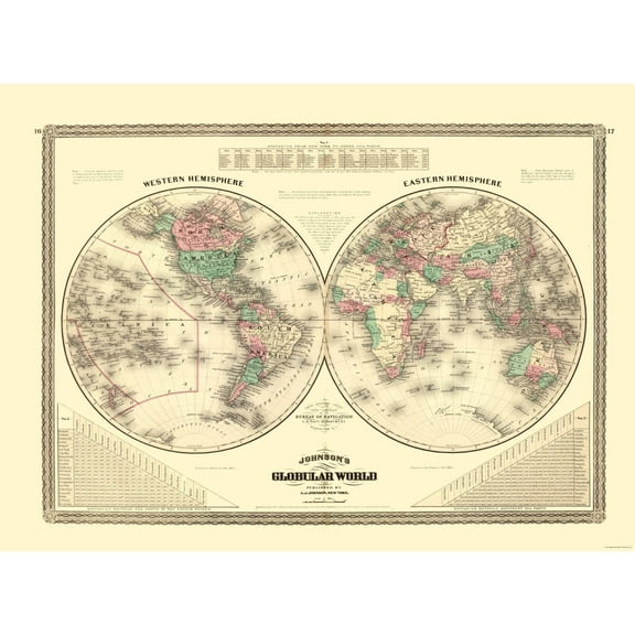 Historic Map - Western Eastern Hemisphere - Johnson 1870 - 31.23 x 23 - Vintage Wall Art