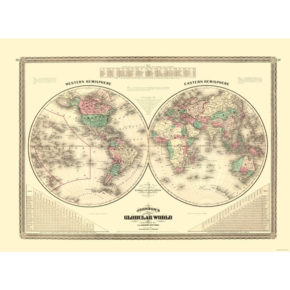 Historic Map - Western Eastern Hemisphere - Johnson 1870 - Vintage Wall Art