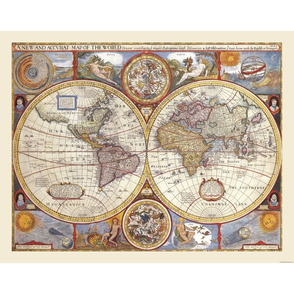 Historic Map - Western Eastern Hemispheres - 1627 - 29.11 x 23 - Vintage Wall Art