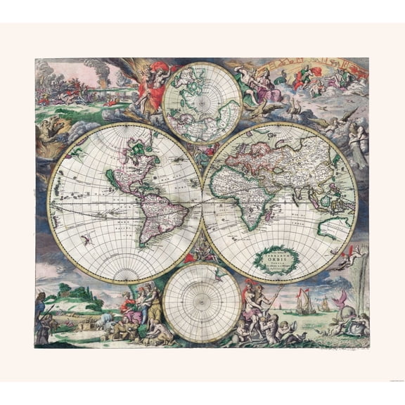 Historic Map - Western Eastern Hemispheres - Shagen - Vintage Wall Art