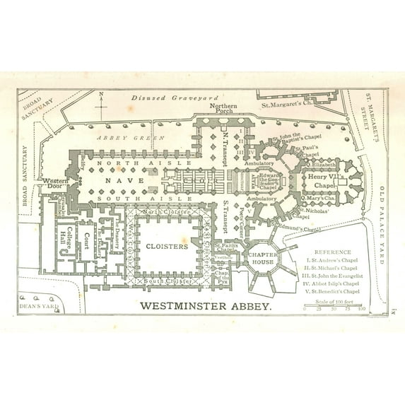 Historic Map - Westminster Abbey England - Philip 1904 - 35.55 x 23 - Vintage Wall Art