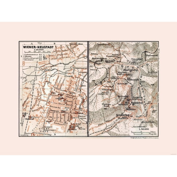 Historic Map - Wiener Neustadt Austria - Baedeker 1910 - 30.55 x 23 - Vintage Wall Art