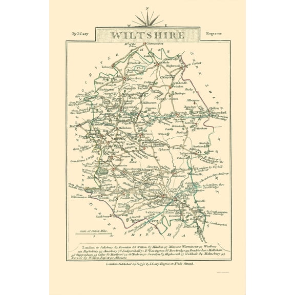 Historic Map - Wiltshire County England - Cary 1792 - Vintage Wall Art