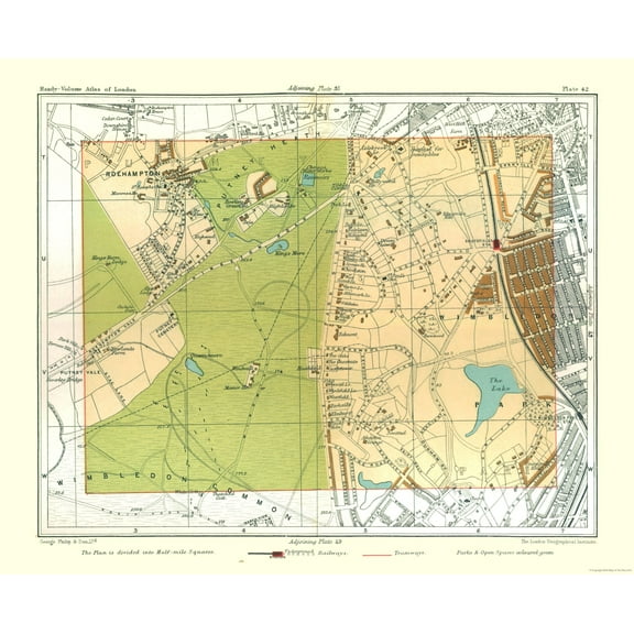 Historic Map - Wimbledon Park London England - Philip 1904 - 28.20 x 23 - Vintage Wall Art