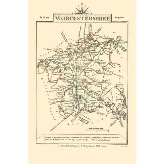 Historic Map - Worcestershire County England - Cary 1792 - Vintage Wall Art