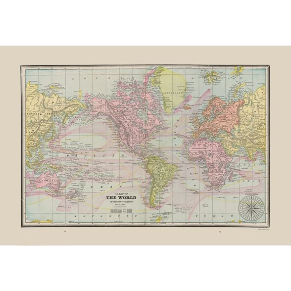 Historic Map - World Chart - Cram 1892 - Vintage Wall Art
