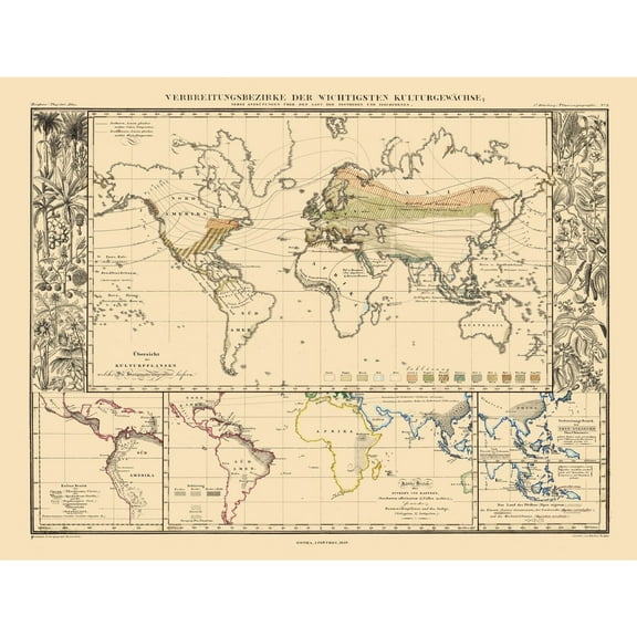 Historic Map - World Main Crops - Perthes 1859 - 30.33 x 23 - Vintage Wall Art