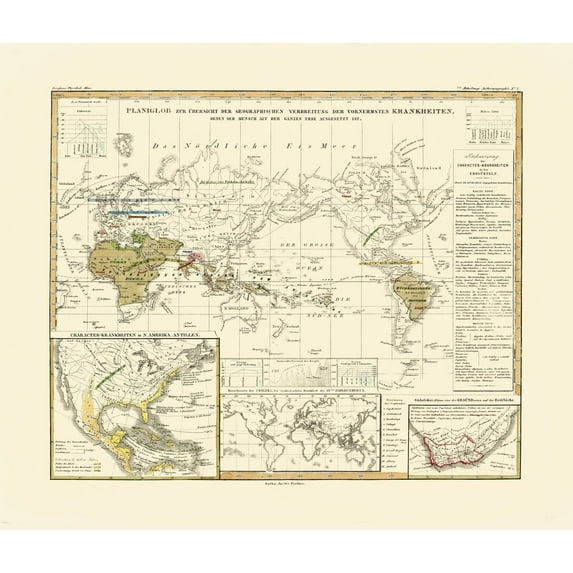 Historic Map - World Principal Diseases - Berghaus - Vintage Wall Art