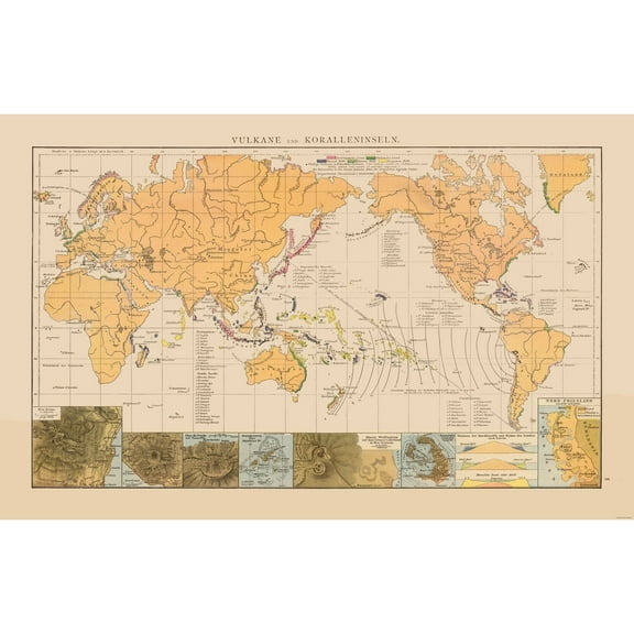 Historic Map - World Volcanos Coral Islands - 35.94 x 23 - Vintage Wall Art