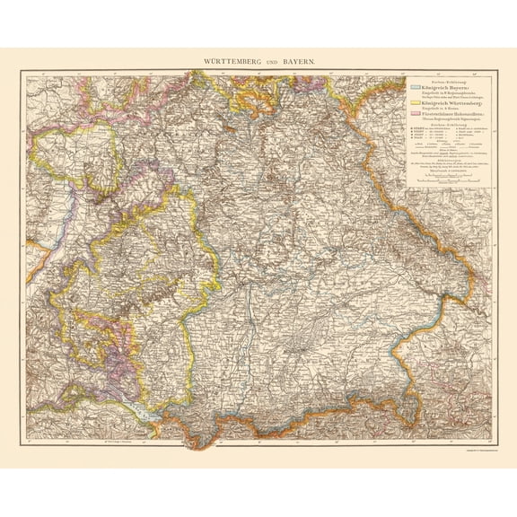 Historic Map - Wurtemberg Bavaria Germany - Andree 1895 - Vintage Wall Art