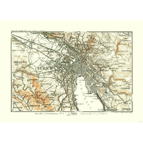 Historic Map - Zurich Switzerland Elevation - Baedeker 1921 - 32.25 x 23 - Vintage Wall Art