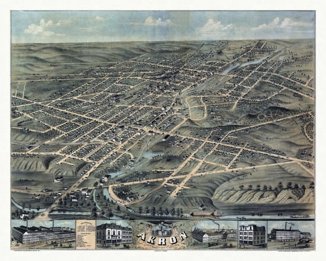Historic Map of Akron Ohio 1870 Summit County Canvas Art - (36 x 54)