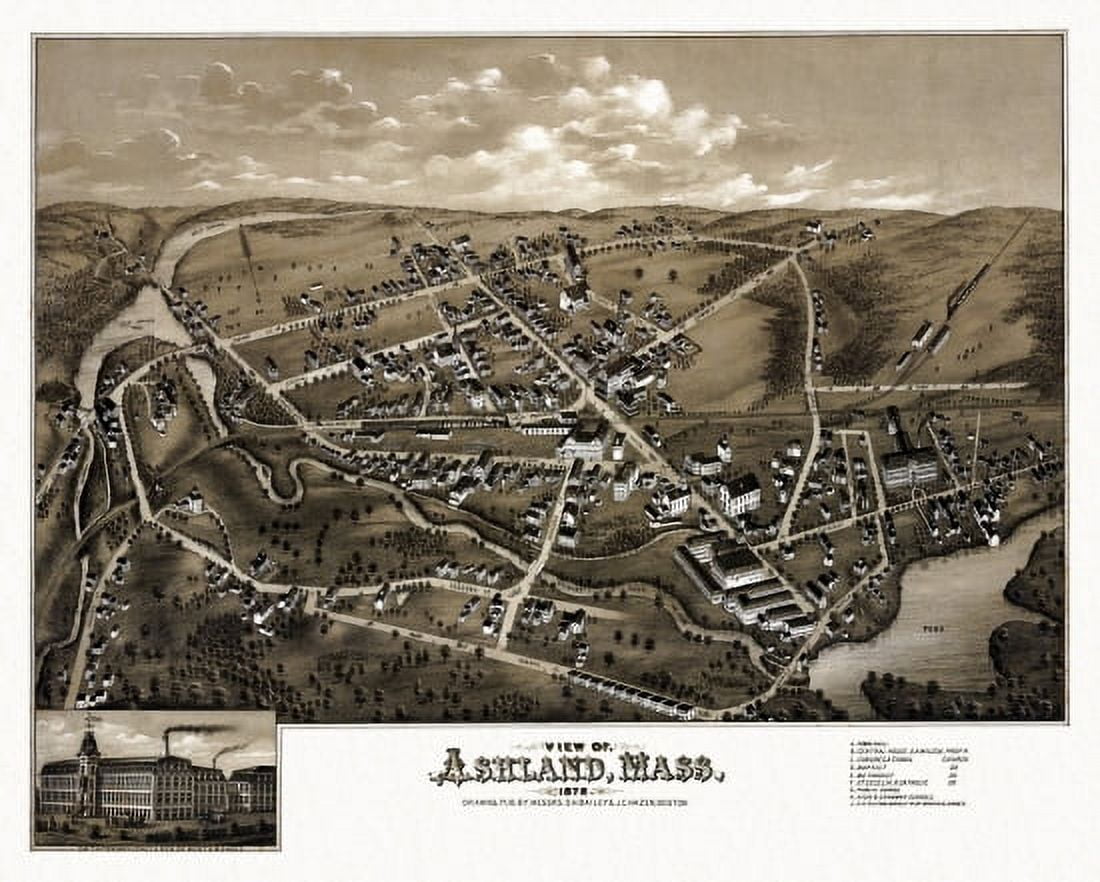 Historic Map of Ashland Massachusetts 1878 Middlesex County Canvas Art - (24 x 36)