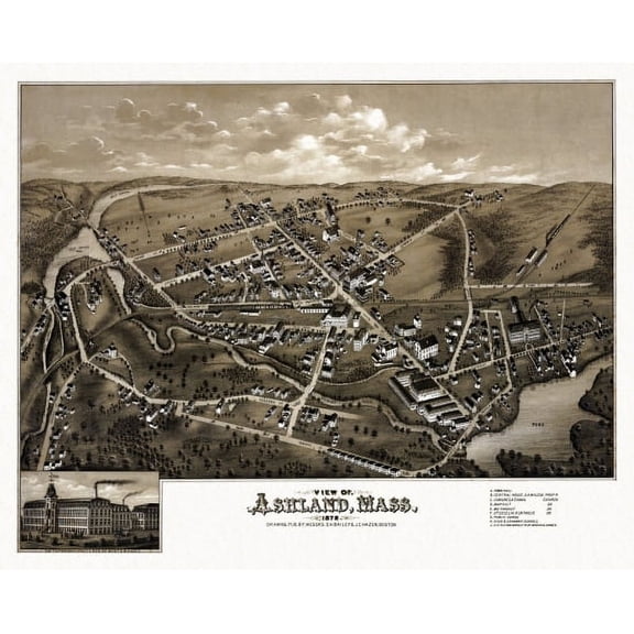 Historic Map of Ashland Massachusetts 1878 Middlesex County Canvas Art - (36 x 54)