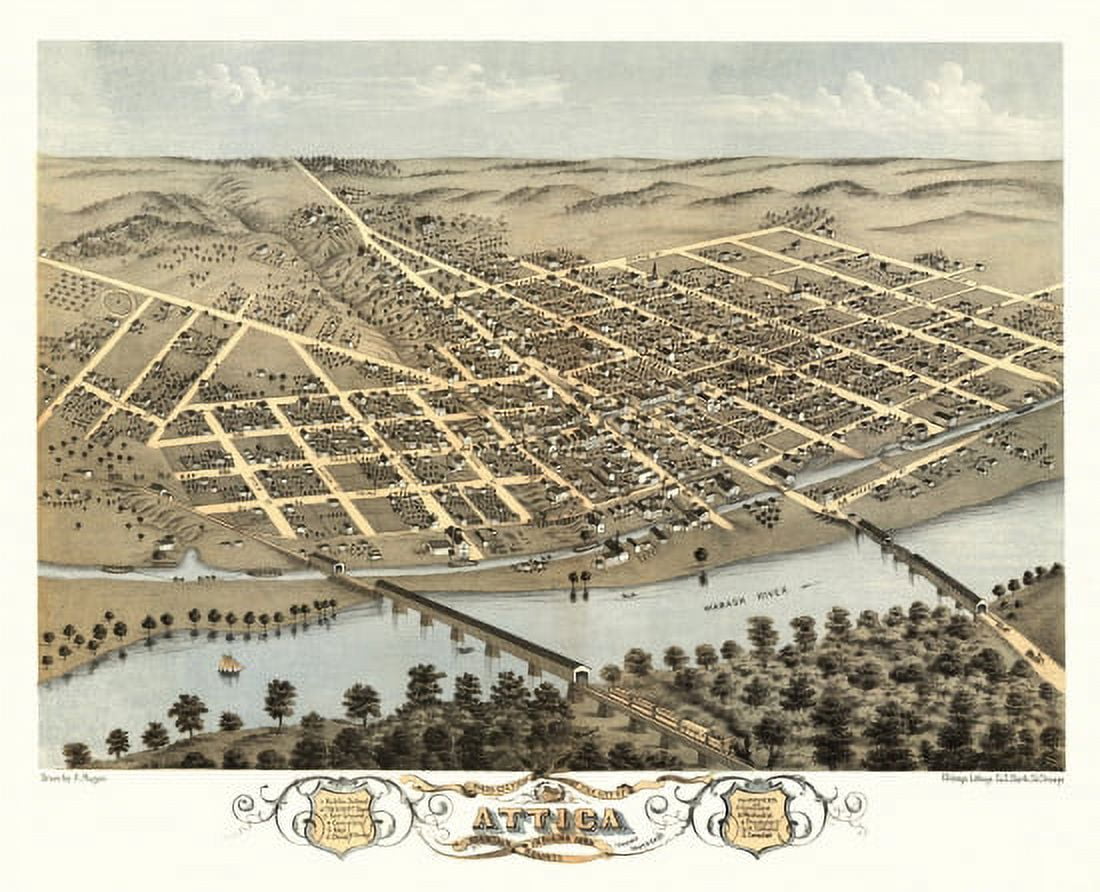 Historic Map of Attica Indiana 1869 Fountain County Canvas Art - (36 x 54)