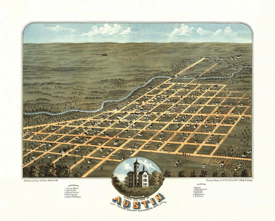 Historic Map of Austin Minnesota 1870 Mower County Canvas Art - (18 x 24)