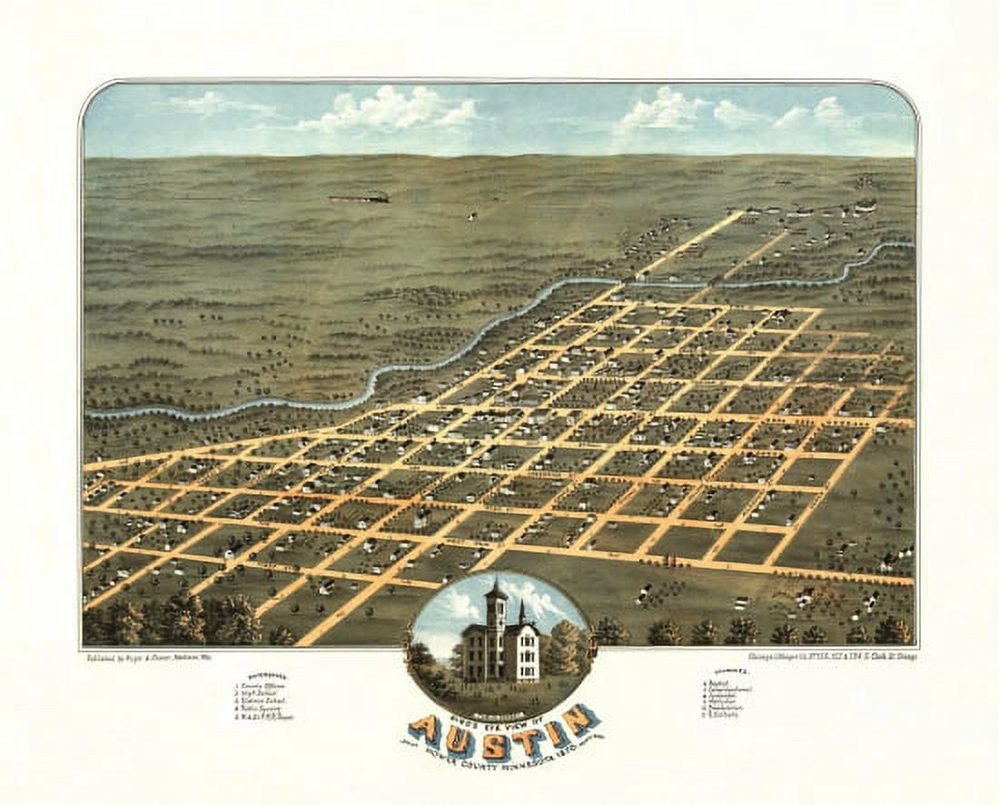 Historic Map of Austin Minnesota 1870 Mower County Canvas Art - (36 x 54)
