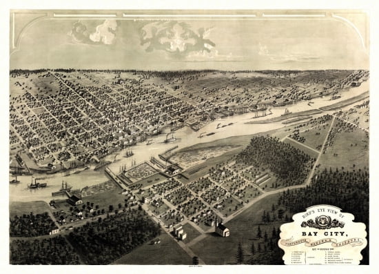 Historic Map of Bay City Michigan 1867 Bay County Canvas Art -  (18 x 24)