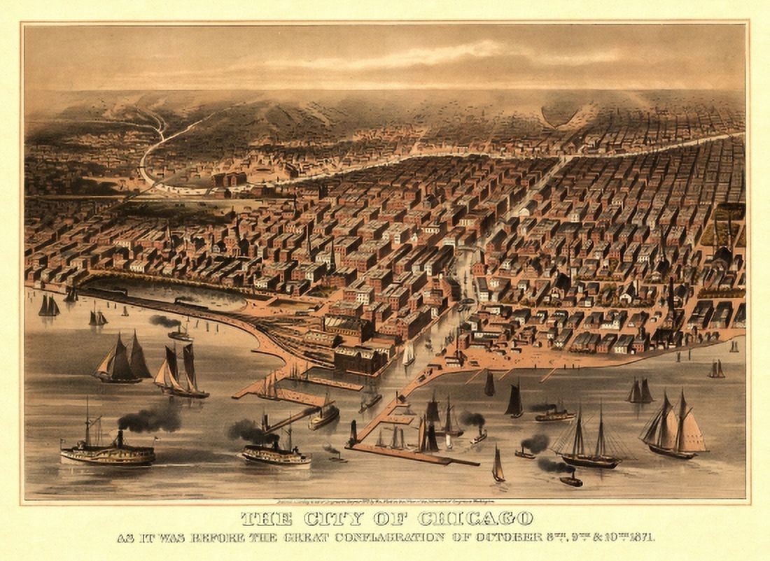 Historic Map of Chicago Illinois 1871 Cook County Canvas Art - (36 x 54)