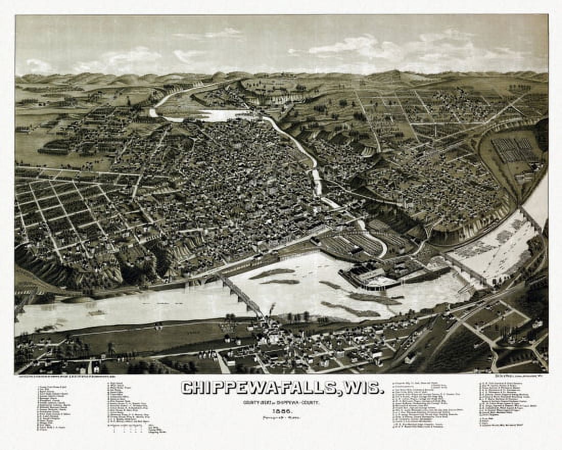 Historic Map of Chippewa Falls Wisconsin 1886 Chippewa County Canvas Art - (36 x 54)