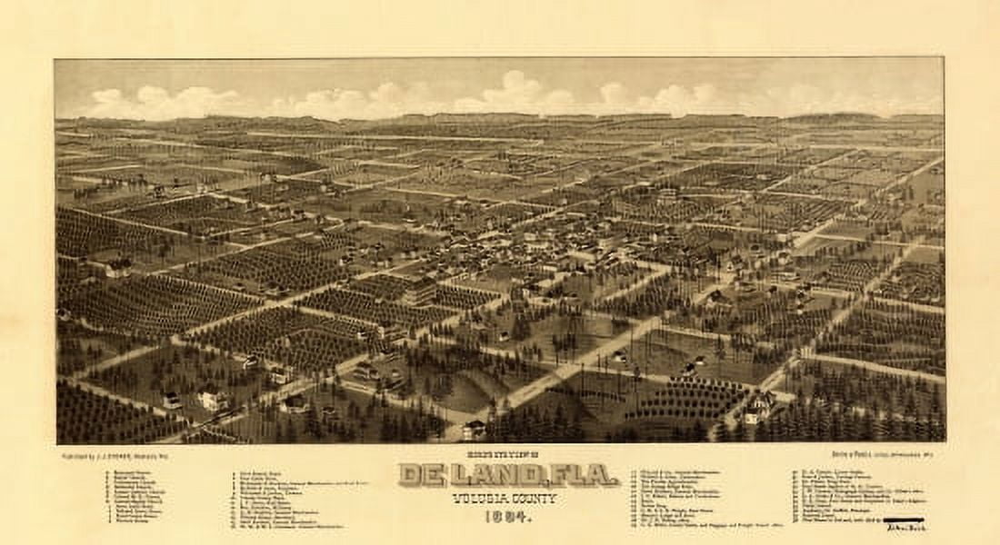 Historic Map of De Land Florida 1884 Volusia County Canvas Art - (36 x 54)