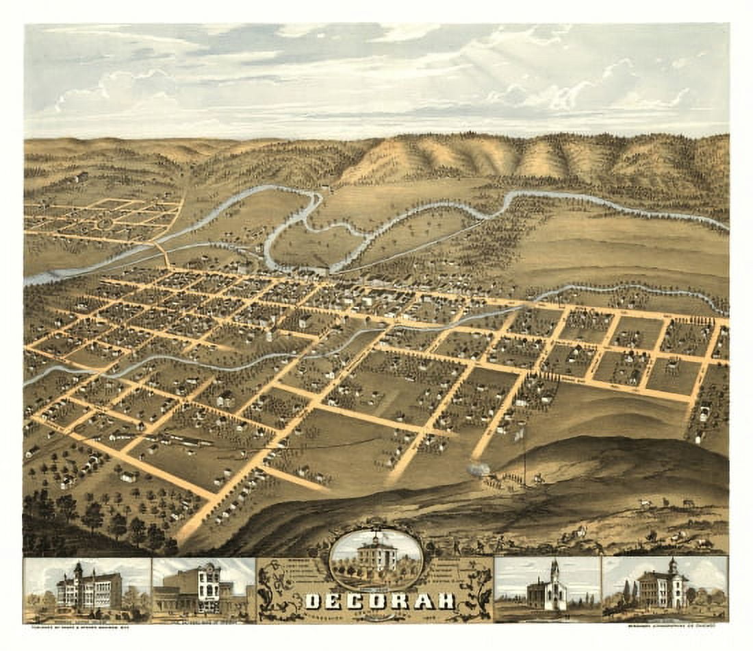 Historic Map of Decorah Iowa 1870 Winneshiek County Canvas Art - (18 x 24)