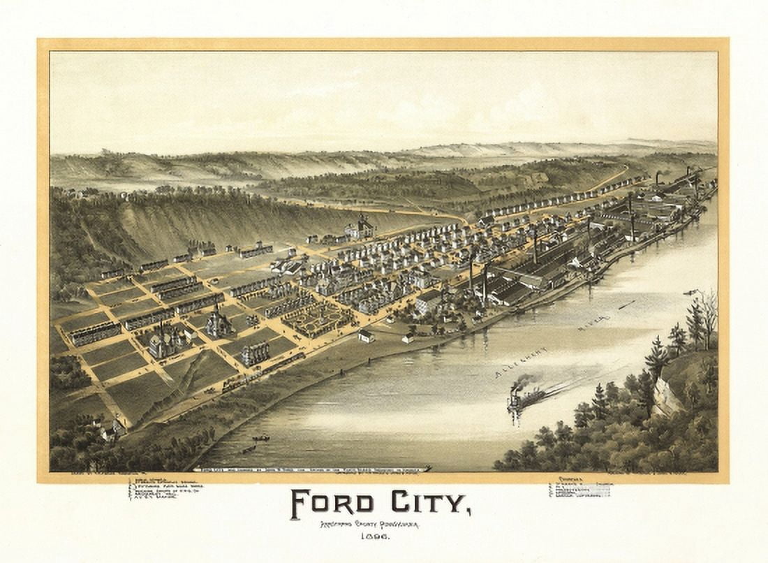 Historic Map of Ford City Pennsylvania 1896 Armstrong County Canvas Art - (24 x 36)