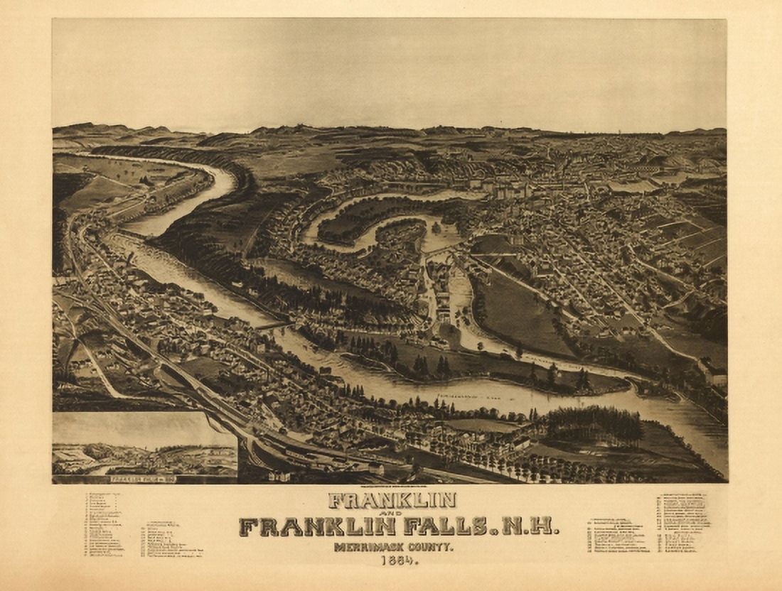Historic Map of Franklin New Hampshire 1884 Merrimack County Canvas Art - (18 x 24)