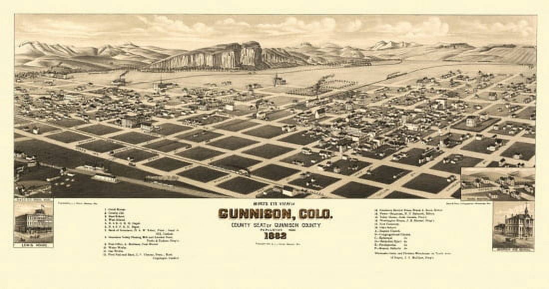 Historic Map of Gunnison Colorado 1882 Gunnison County Canvas Art - (24 x 36)
