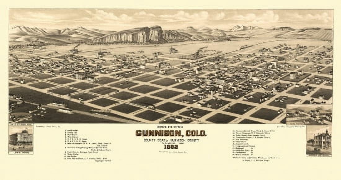 Historic Map of Gunnison Colorado 1882 Gunnison County Canvas Art - (36 x 54)