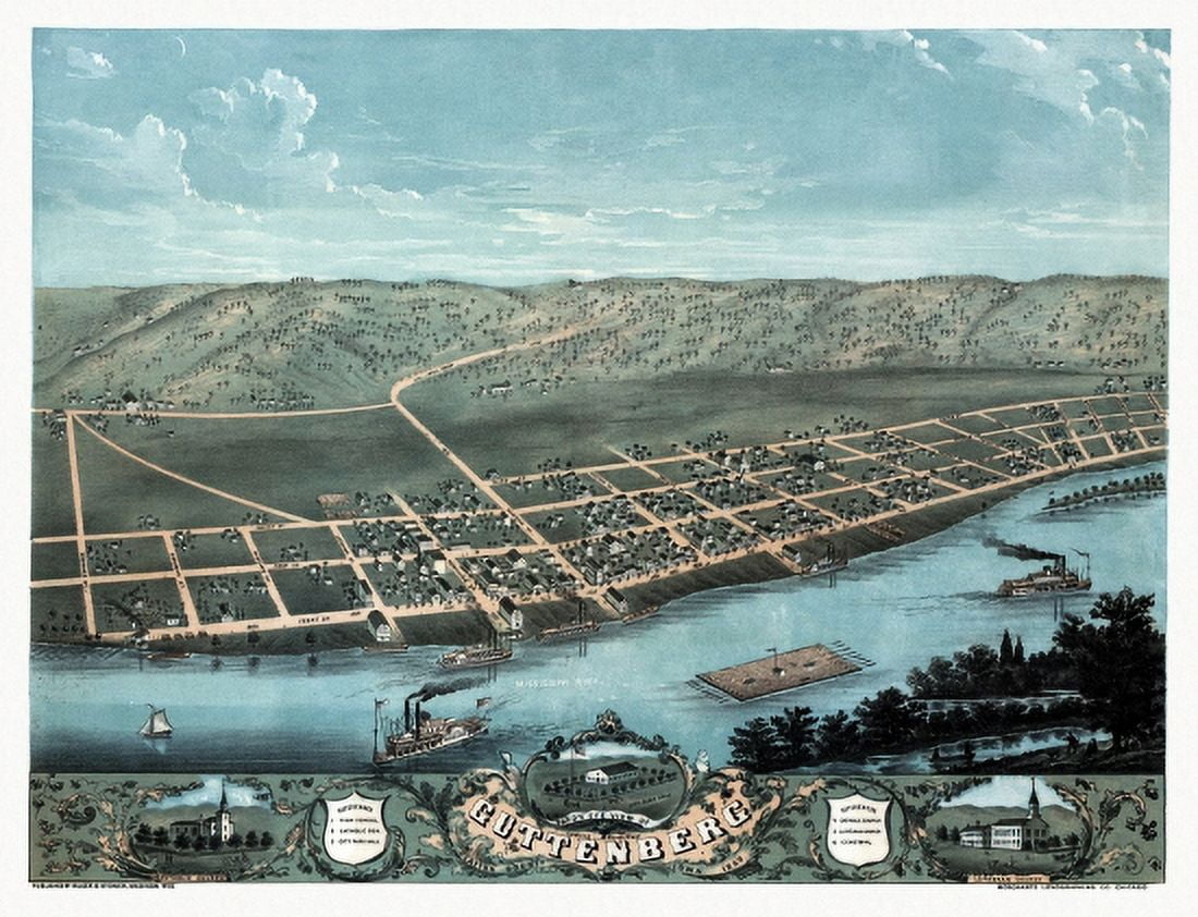 Historic Map of Guttenberg Iowa 1869 Clayton County Canvas Art - (24 x 36)