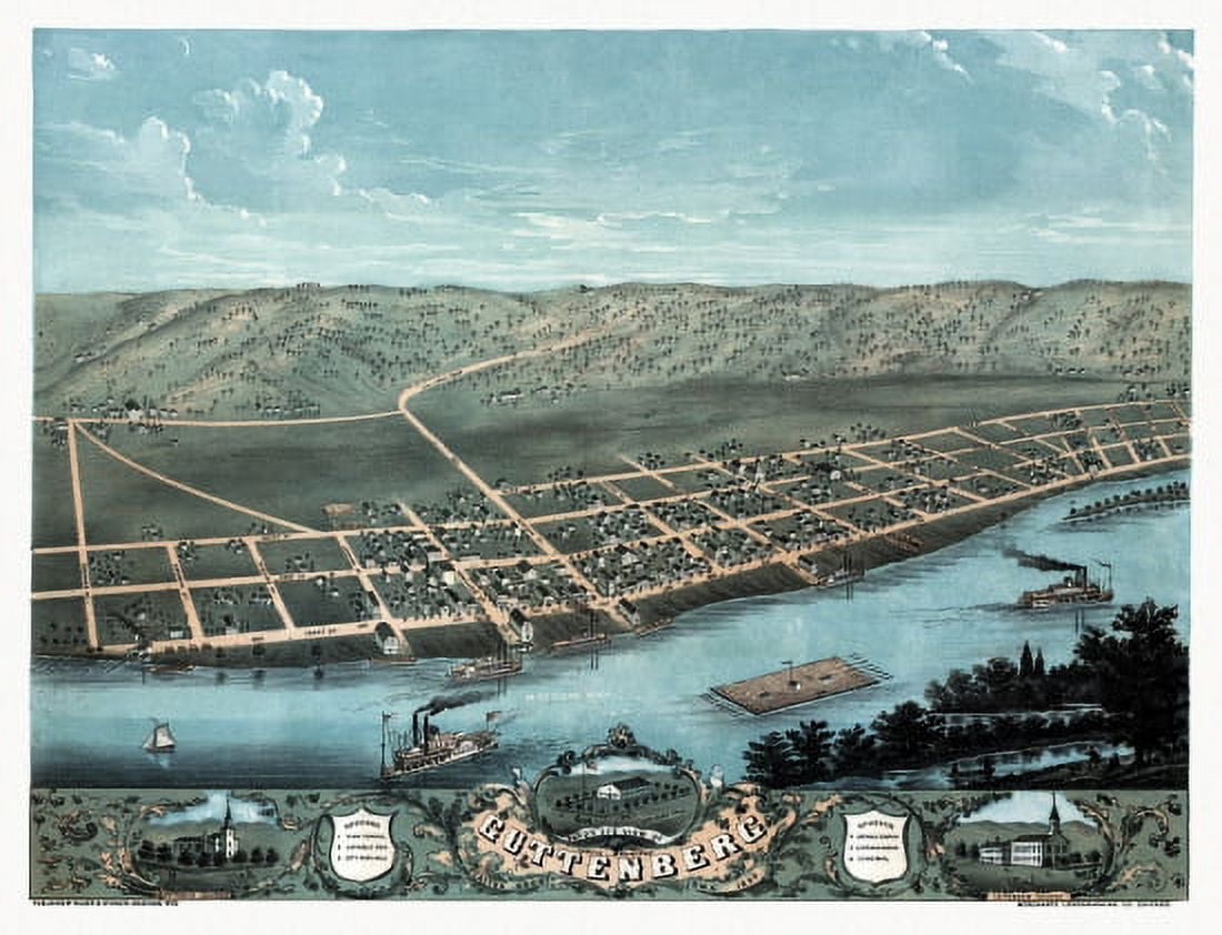 Historic Map of Guttenberg Iowa 1869 Clayton County Canvas Art - (36 x 54)