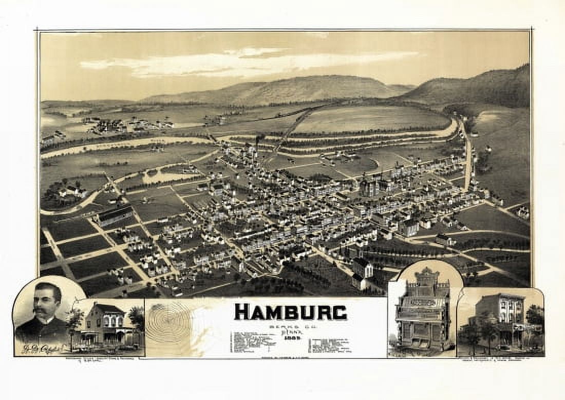 Historic Map of Hamburg Pennsylvania 1889 Berks County Canvas Art - (24 x 36)
