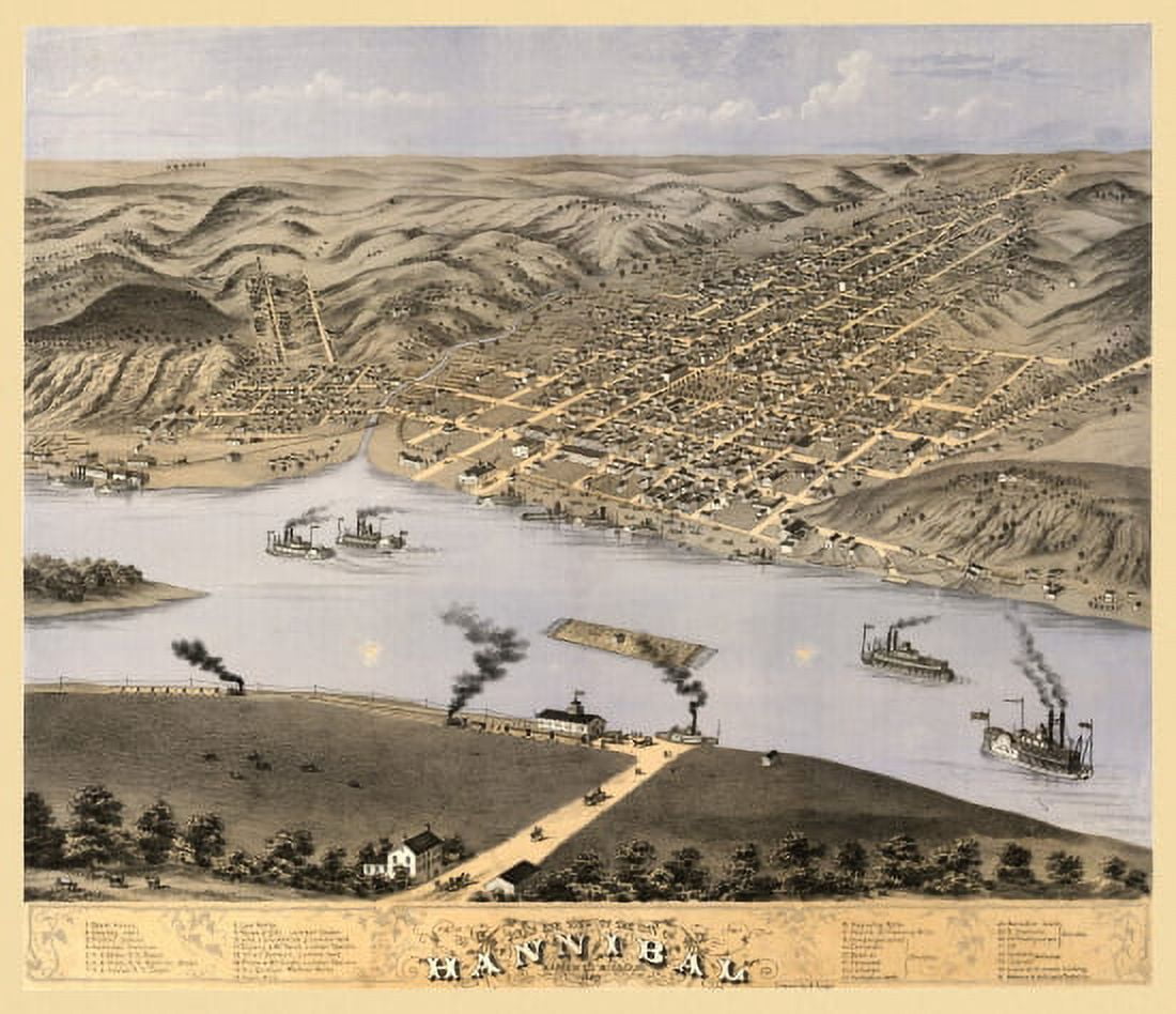 Historic Map of Hannibal Missouri 1869 Marion County Canvas Art -  (18 x 24)
