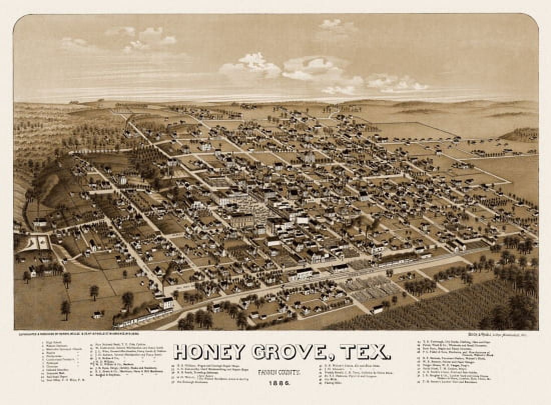 Historic Map of Honey Grove Texas 1885 Fannin County Canvas Art -  (24 x 36)