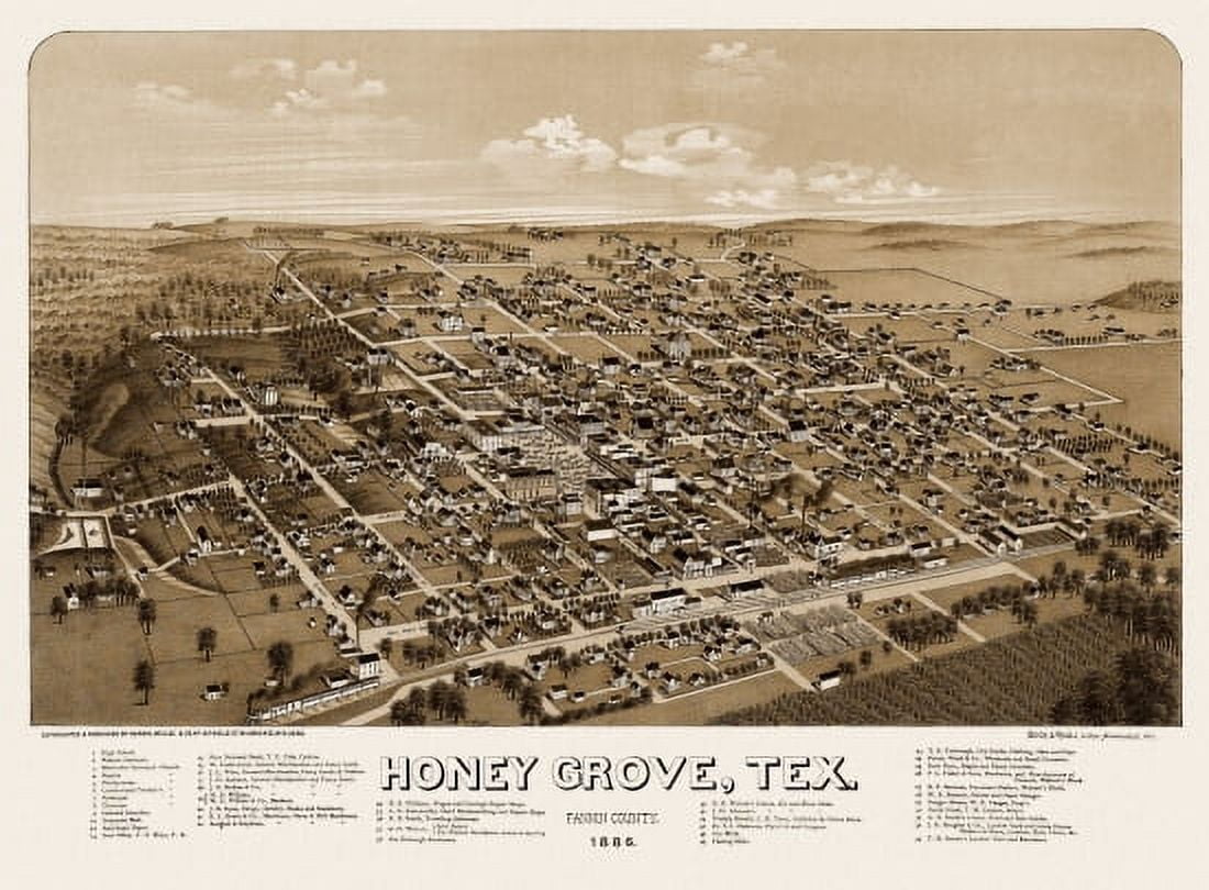 Historic Map of Honey Grove Texas 1885 Fannin County Canvas Art -  (36 x 54)