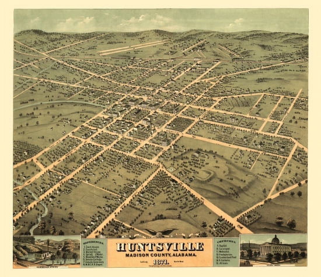 Historic Map of Huntsville Alabama 1871 Madison County Canvas Art - (36 x 54)