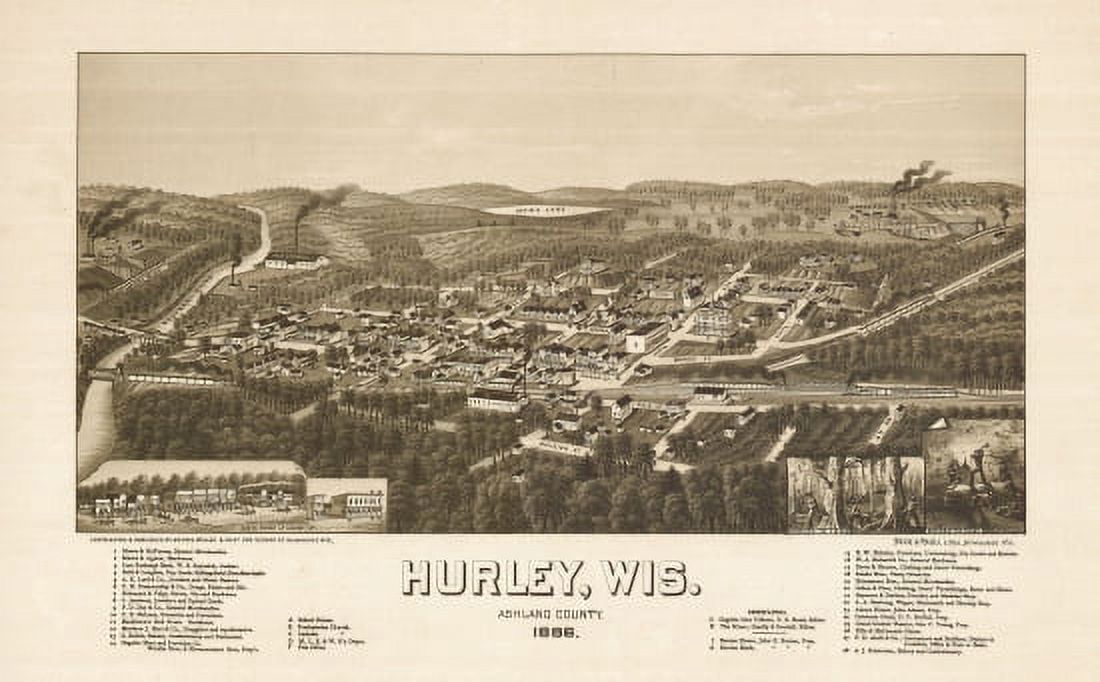 Historic Map of Hurley Wisconsin 1886 Ashland County Canvas Art -  (18 x 24)