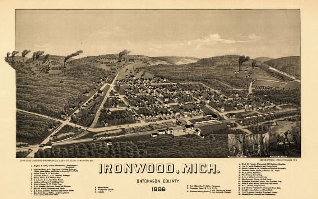 Historic Map of Ironwood Michigan 1886 Ontonagon County Canvas Art -  (18 x 24)