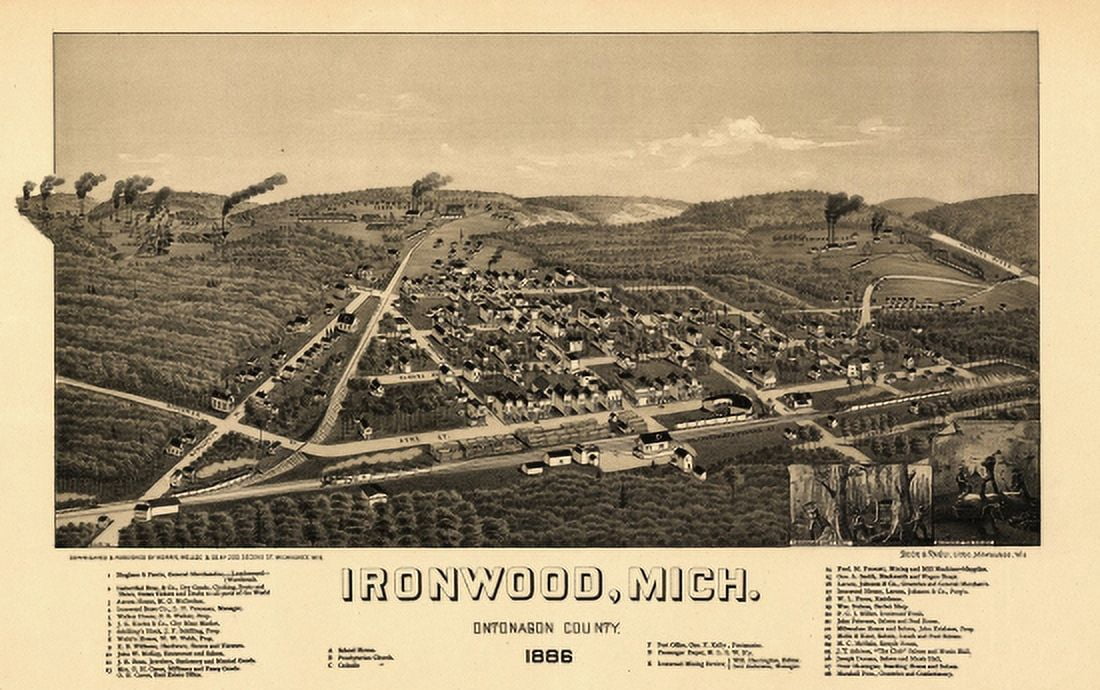 Historic Map of Ironwood Michigan 1886 Ontonagon County Canvas Art - (36 x 54)