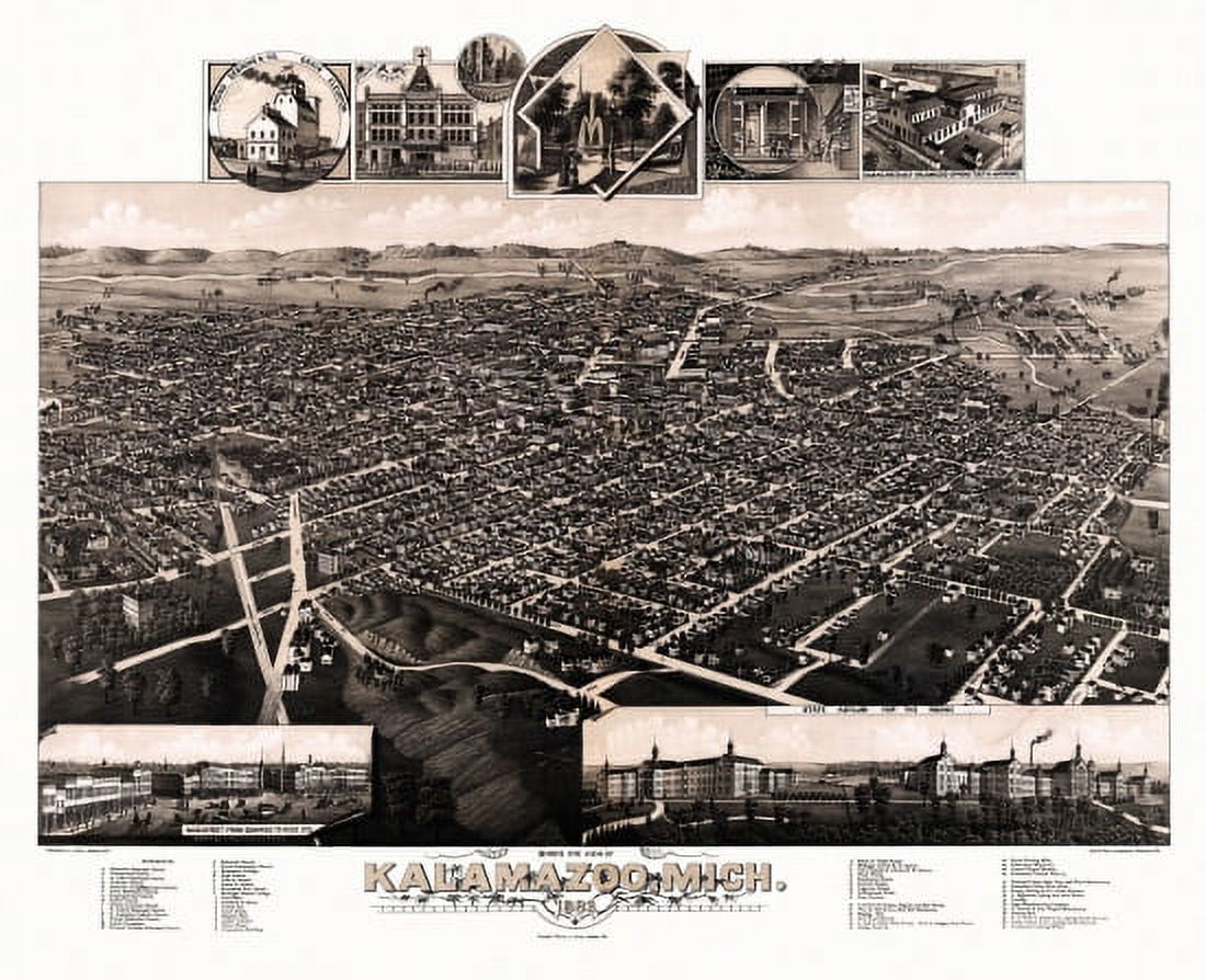 Historic Map of Kalamazoo Michigan 1883 Kalamazoo County Canvas Art - (18 x 24)