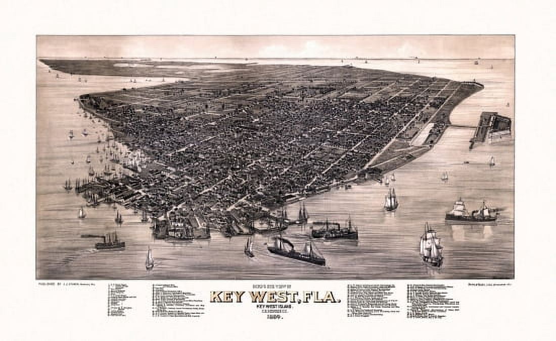 Historic Map of Key West Florida 1884 Monroe County Canvas Art - (36 x 54)