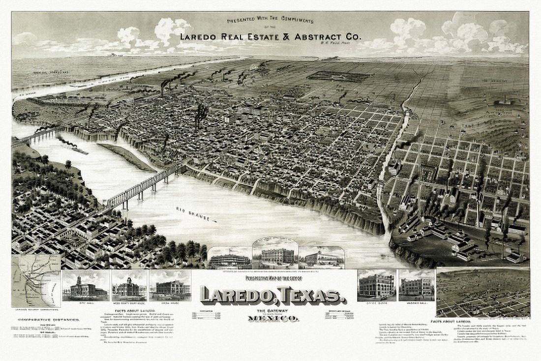 Historic Map of Laredo Texas 1892 Webb County Canvas Art -  (18 x 24)