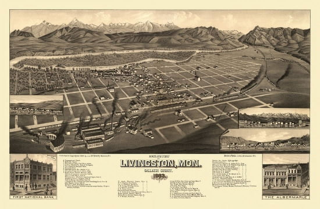 Historic Map of Livingston Montana 1883 Gallatin County Canvas Art -  (24 x 36)