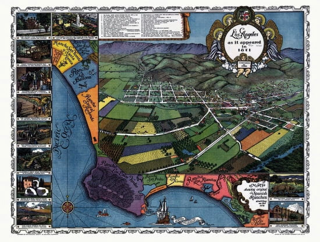 Historic Map of Los Angeles California 1871 Los Angeles County Canvas Art - (36 x 54)