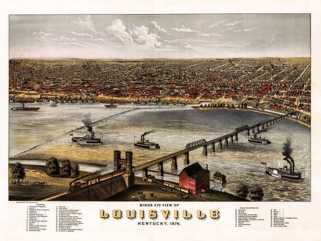 Historic Map of Louisville Kentucky 1876 Louisville Jefferson County Canvas Art - (36 x 54)