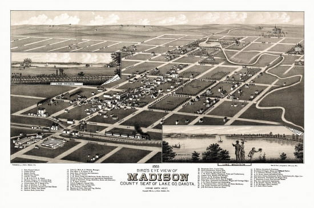Historic Map of Madison South Dakota 1883 Lake County Canvas Art -  (18 x 24)