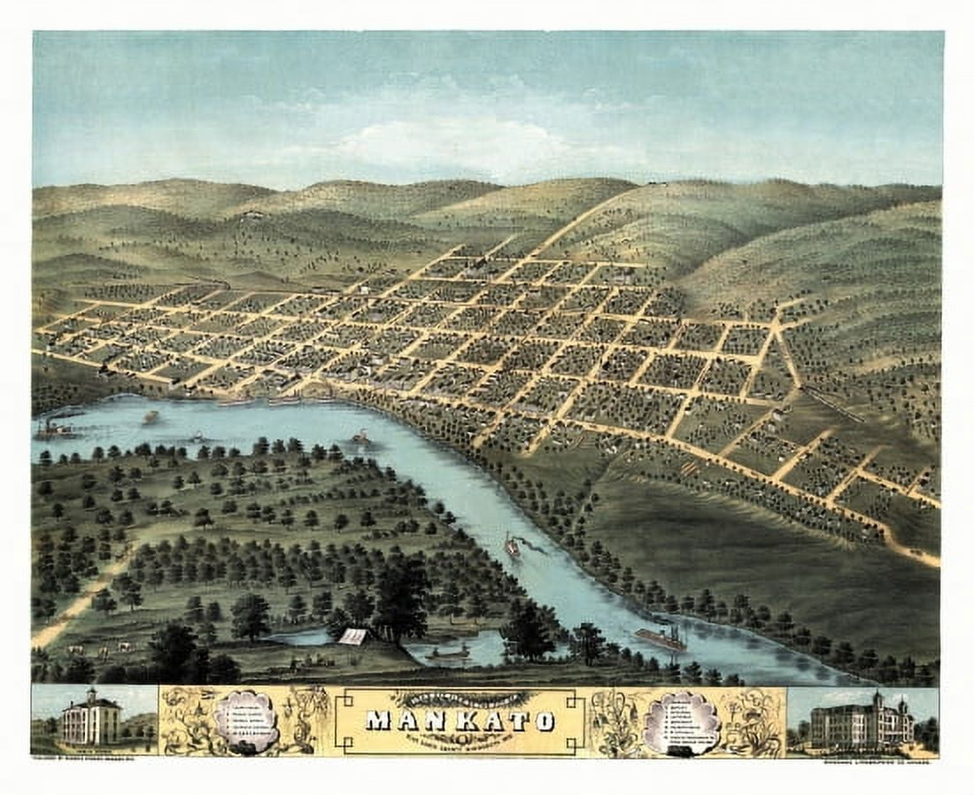 Historic Map of Mankato Minnesota 1870 Blue Earth County Canvas Art - (18 x 24)