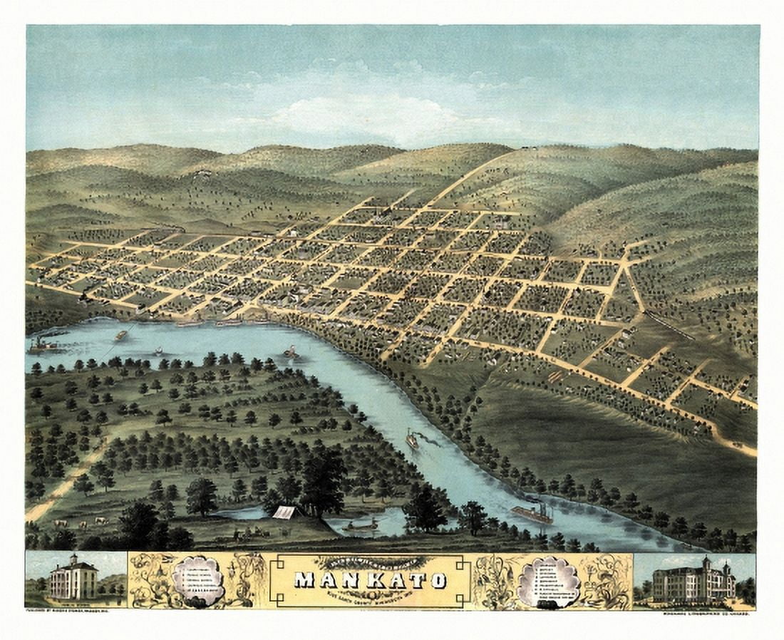 Historic Map of Mankato Minnesota 1870 Blue Earth County Canvas Art -  (36 x 54)