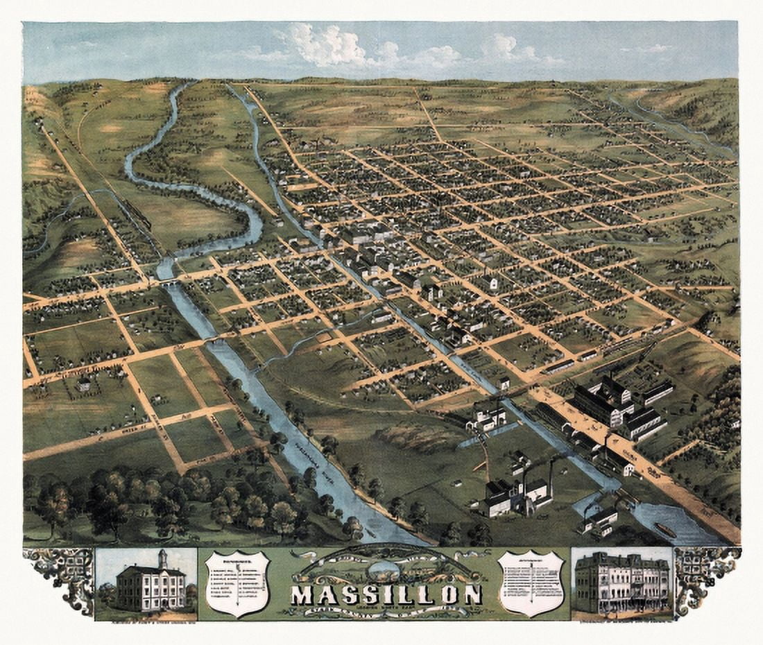 Historic Map of Massillon Ohio 1870 Stark County Canvas Art - (18 x 24)